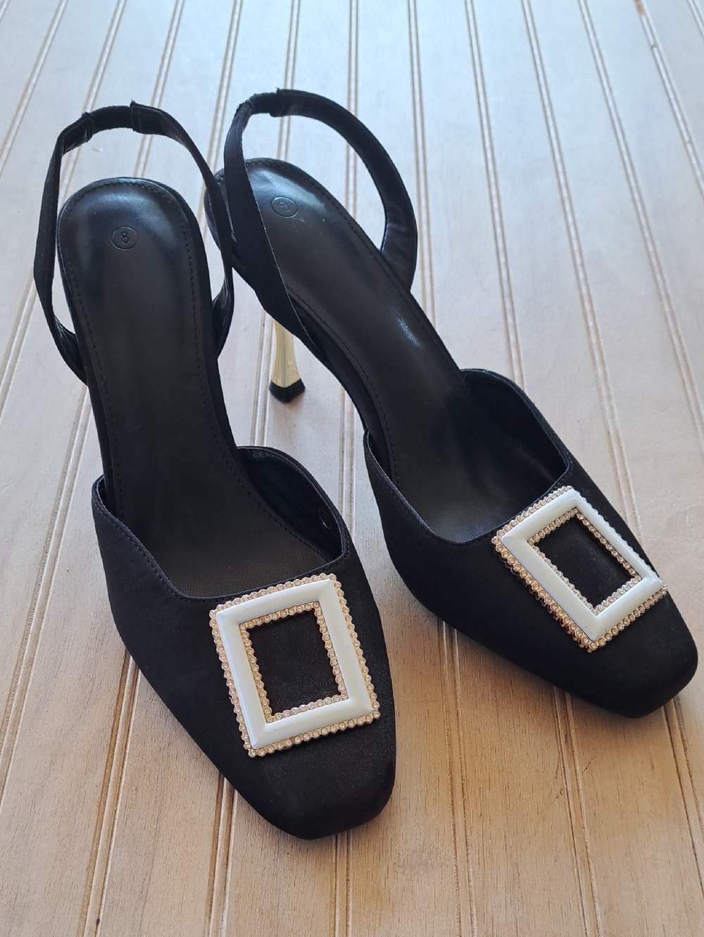 New Satin Rhinestone Buckle Blk Slingback Gold Kitten Heel Pumps Glam Formal